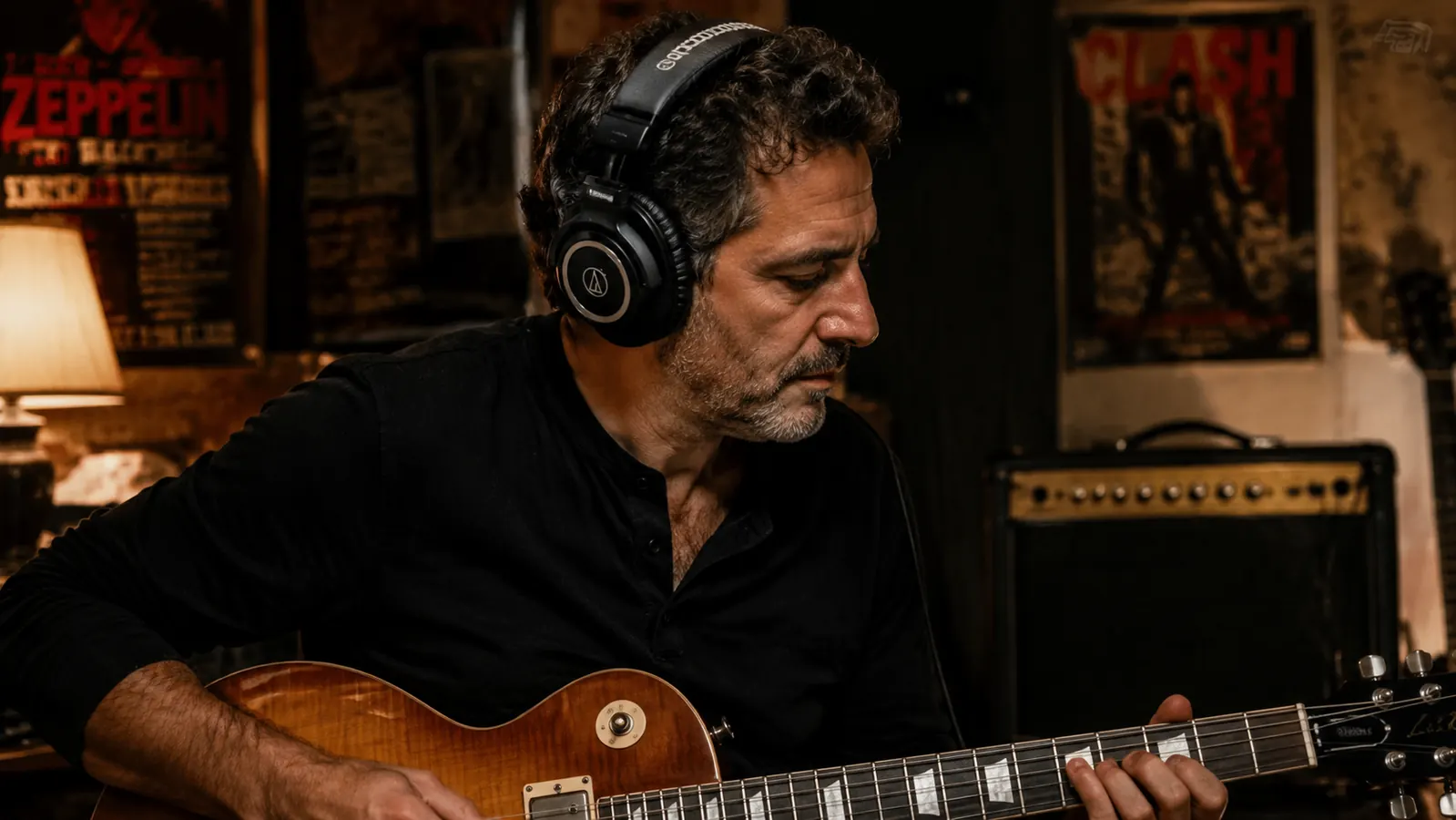 Guitarist plugging ATH-M50x headphones into an audio interface on a desk with a Stratocaster nearby