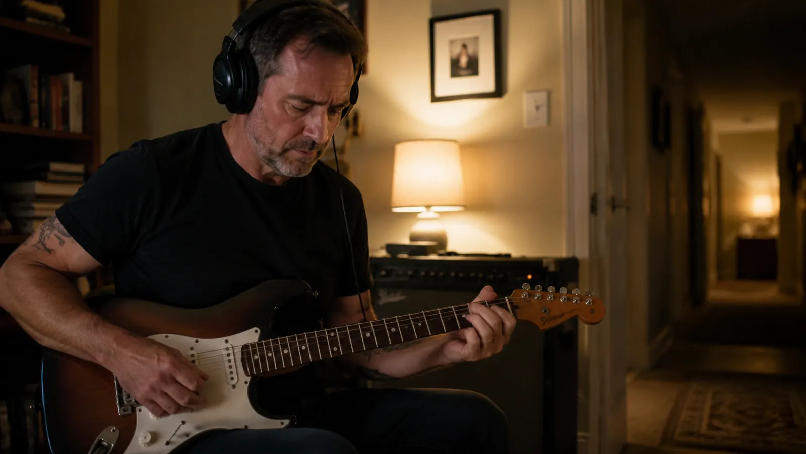Audio-Technica ATH-M50x headphones resting on a guitar amp in a dimly lit home studio