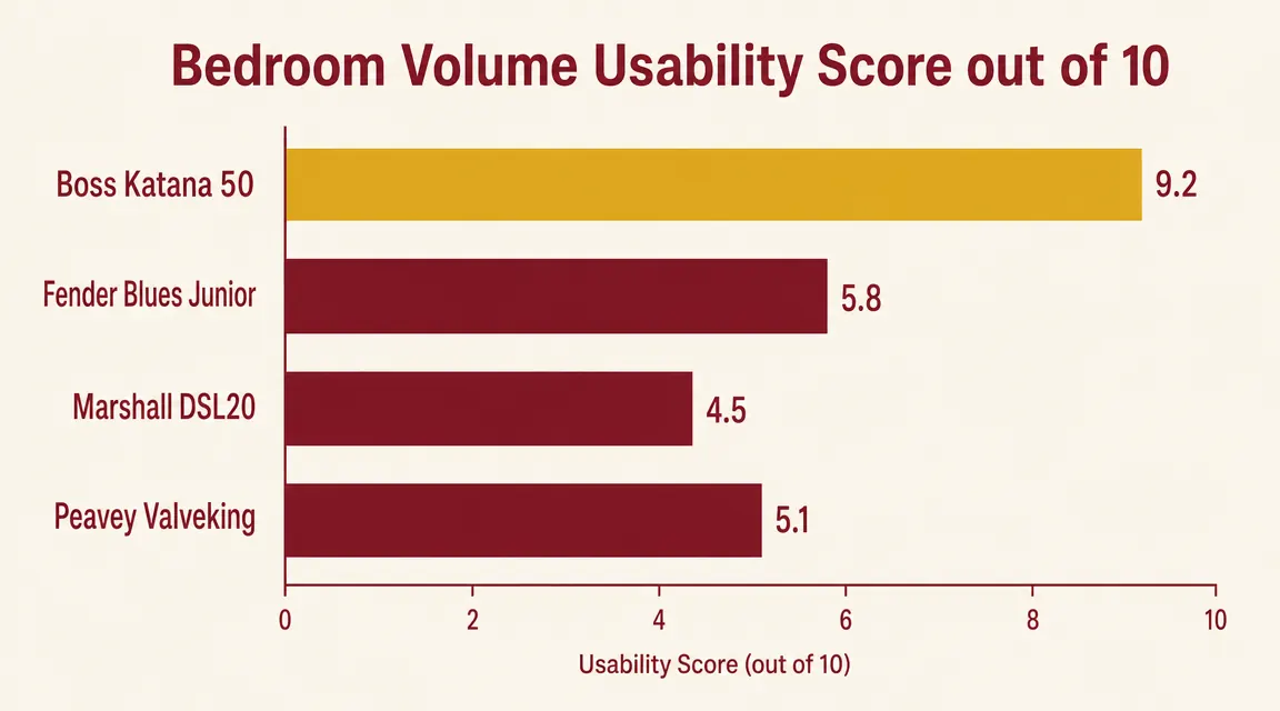 Comparison chart showing Boss Katana usable volume range versus a typical tube combo at bedroom levels