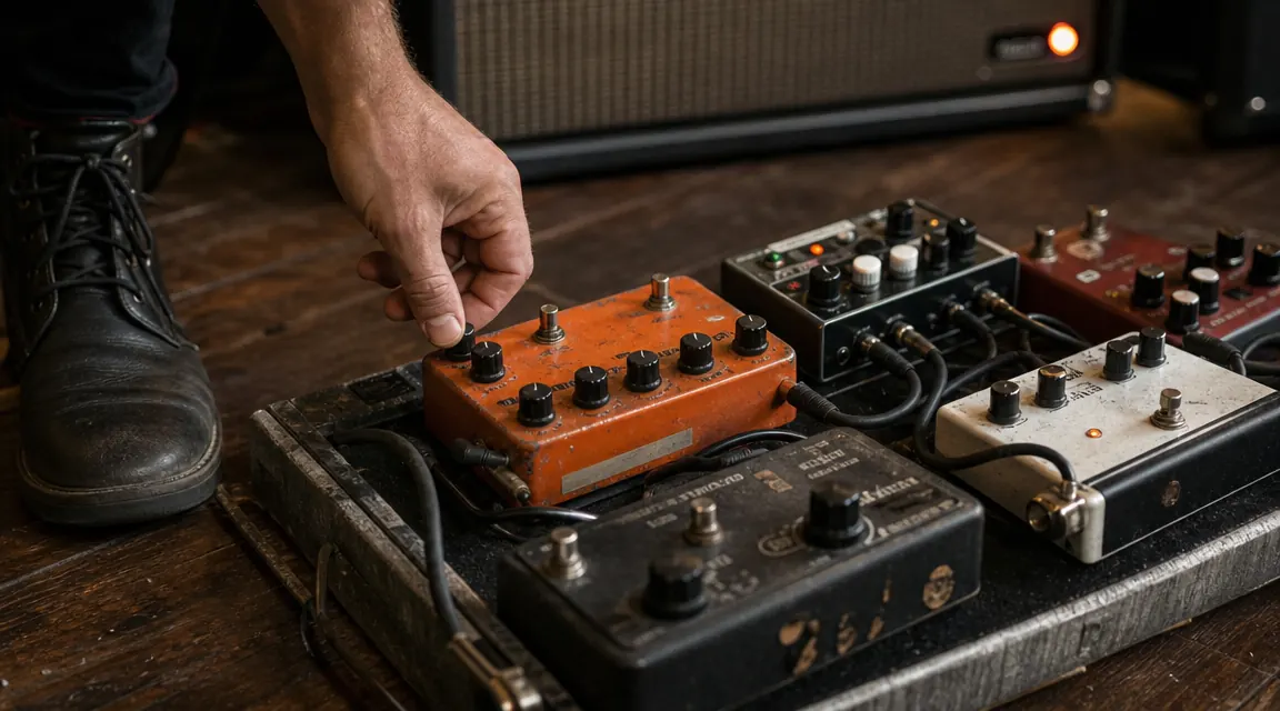Guitarist's pedalboard with a Boss DS-1 at the center connected to other pedals