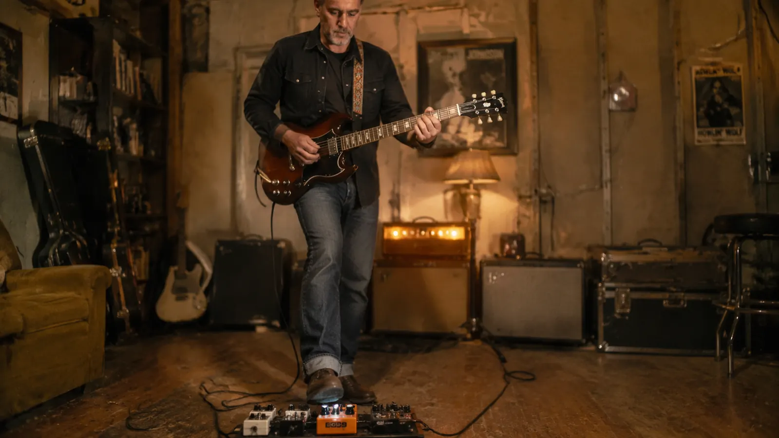 Boss DS-1 distortion pedal on a worn wooden stage floor with a coiled guitar cable beside it