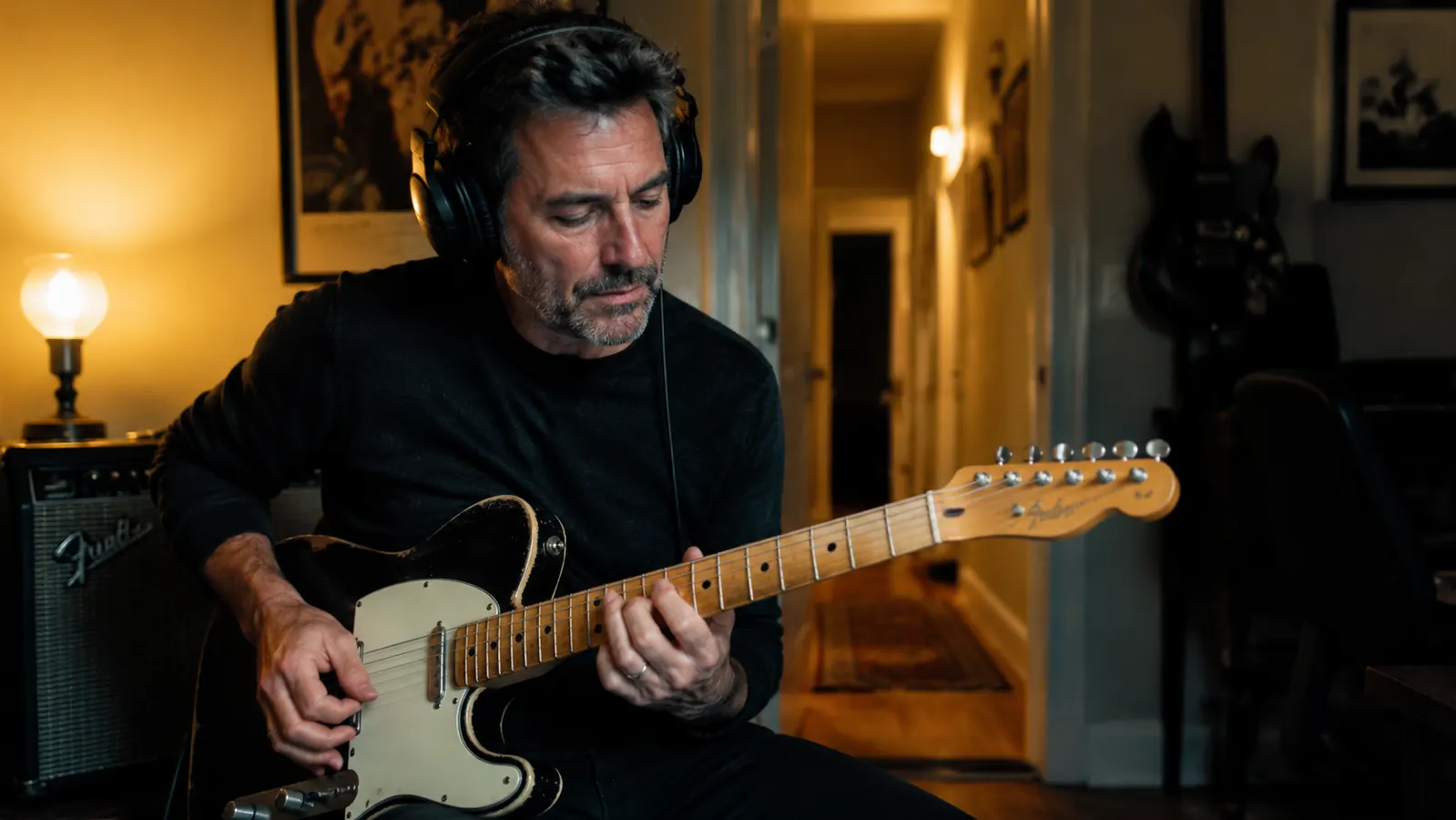 Audio-Technica ATH-M50x headphones resting on a Telecaster body in a dimly lit home studio