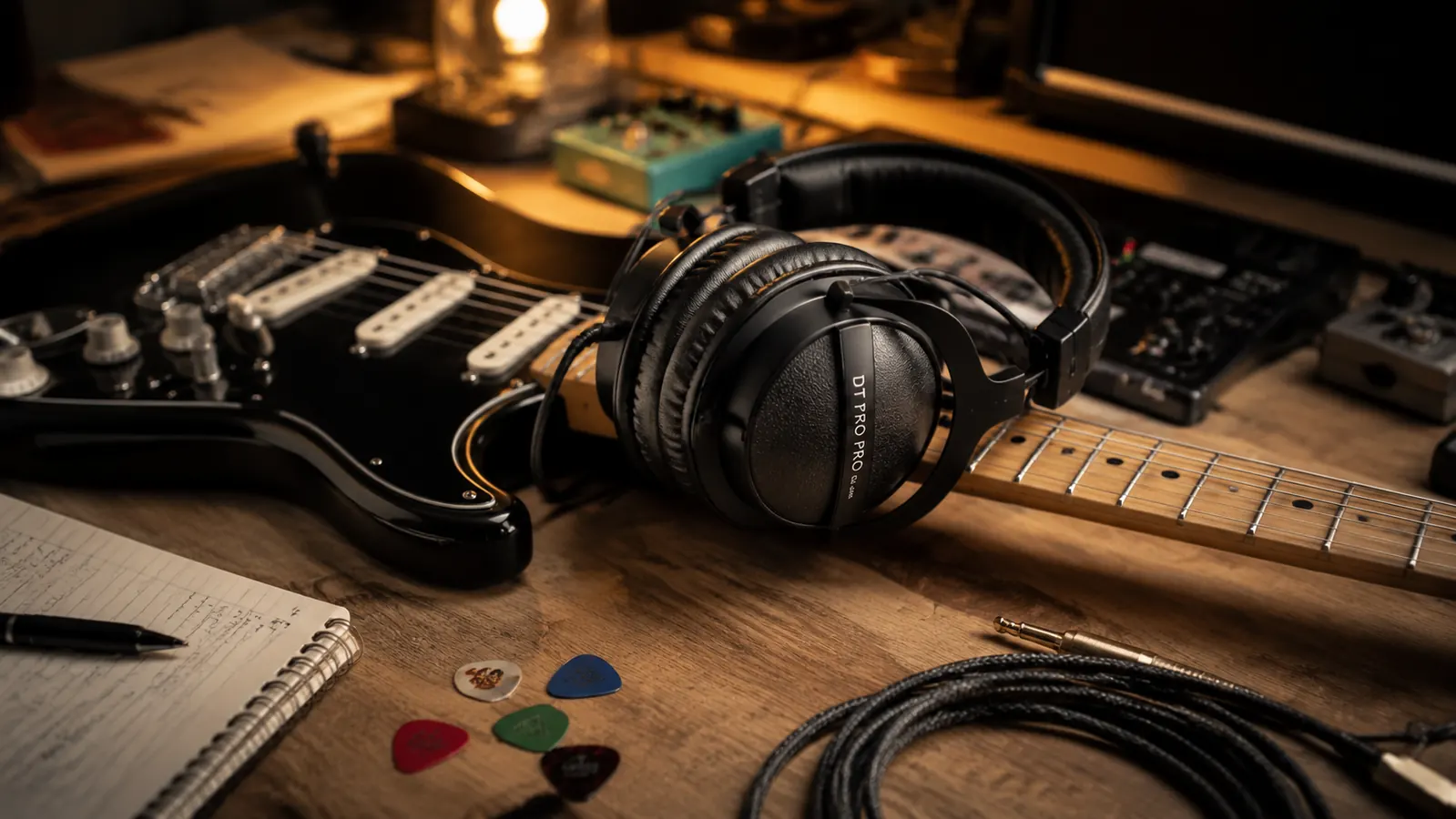 Guitarist wearing ATH-M50x headphones while playing electric guitar through an audio interface at a home studio desk