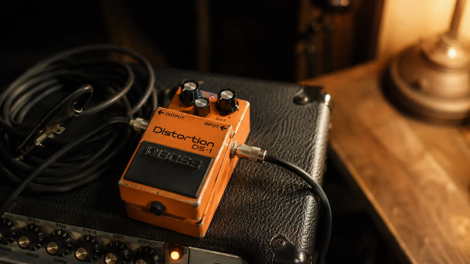 Worn orange Boss DS-1 distortion pedal sitting on a wooden amp cabinet, showing paint chips and scuffed corners