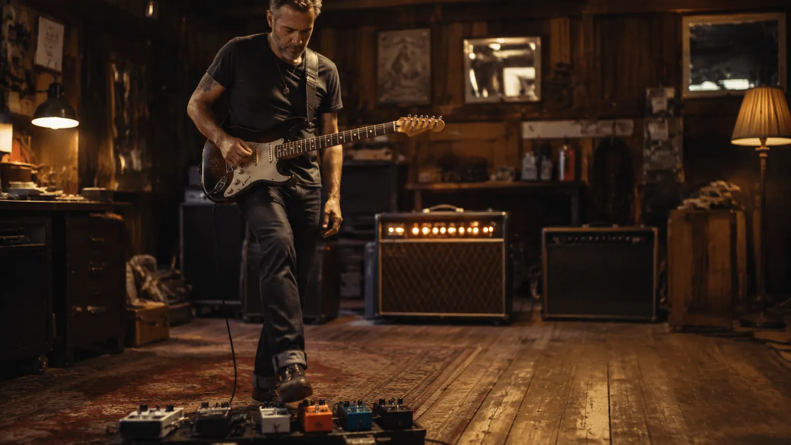 Boss DS-1 distortion pedal on a wooden floor next to a worn guitar strap and pick tin, warm afternoon light from a rehearsal room window