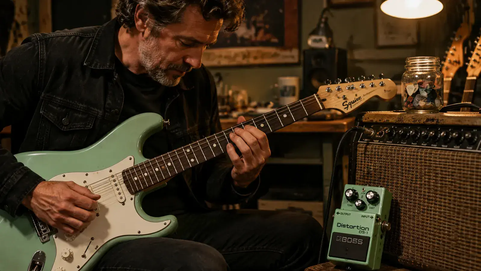 Close-up of the Boss DS-1 knobs showing Dist, Tone, and Level controls
