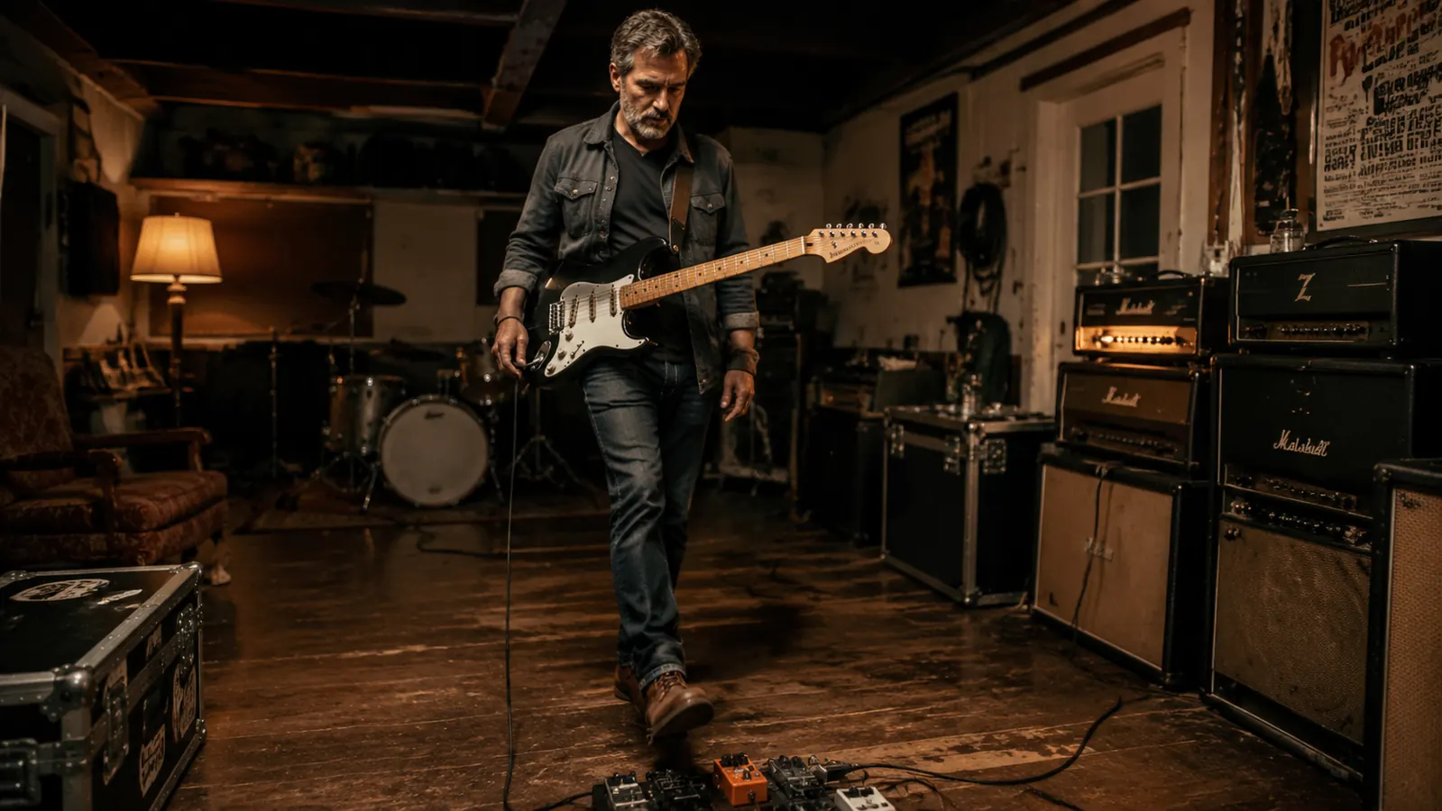 Boss DS-1 and MXR Distortion+ pedals side by side on a worn wooden workbench in a garage studio