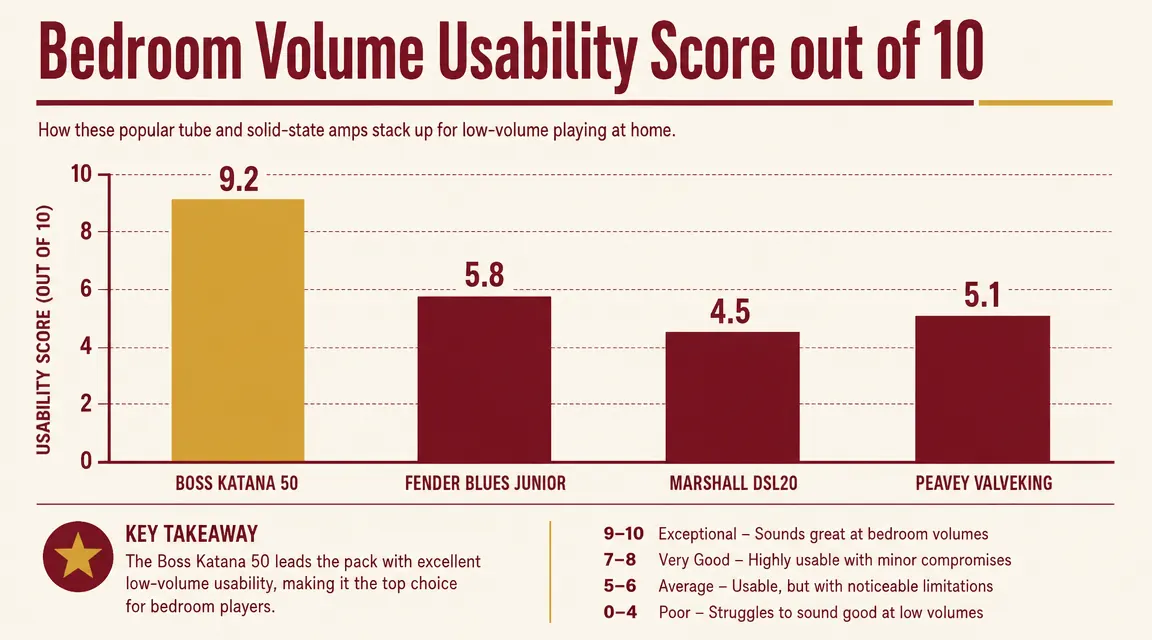 Chart comparing volume output of 50W solid-state vs 20W tube amp at rehearsal room levels
