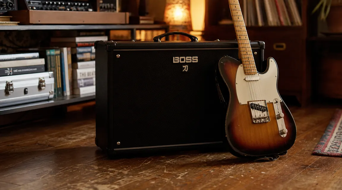Boss Katana MkII-50 combo amp sitting on a wooden floor in a warmly lit home studio, guitar leaning against it