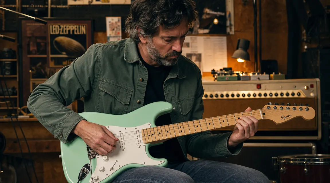 Guitarist threading a D'Addario EXL110 string through a Fender Stratocaster bridge in close-up