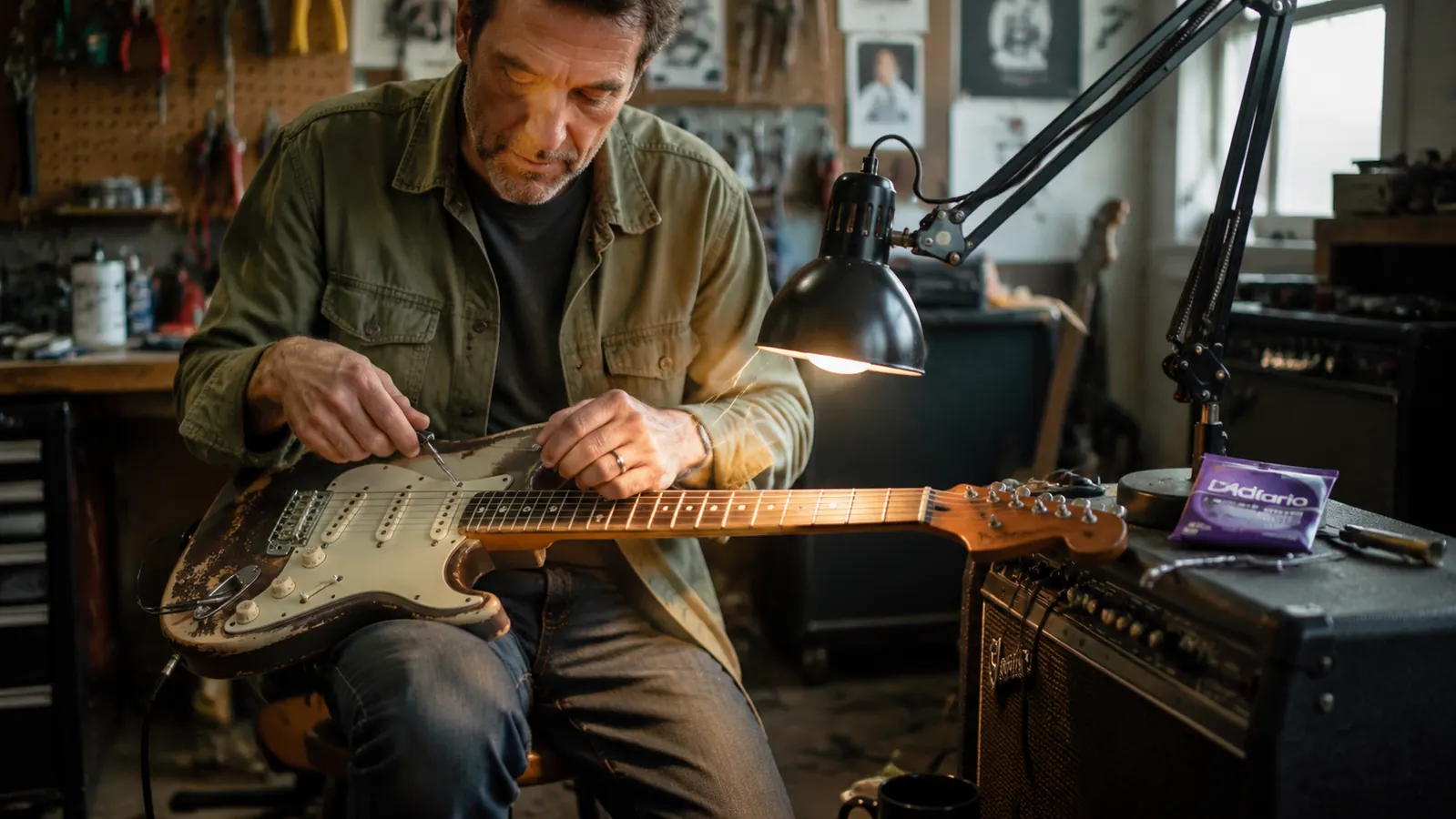 Three packs of D'Addario EXL110-3D guitar strings fanned out on a worn wooden workbench next to a tuning fork