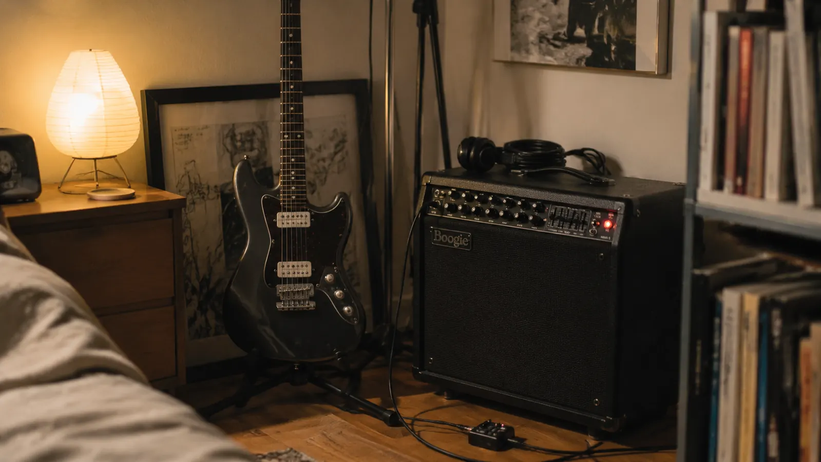 Close-up of a guitarist's hand turning the volume knob on a combo amp late at night