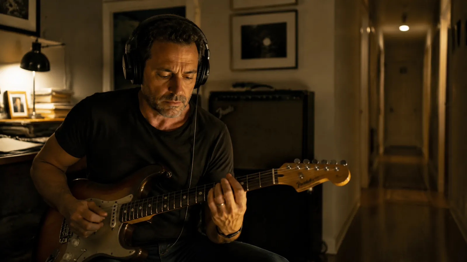 Guitarist in a dimly lit room playing a Les Paul through headphones late at night, amp dark and silent behind him