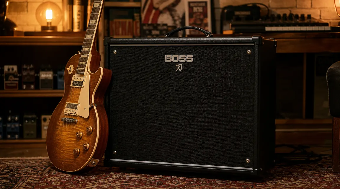 Boss Katana 50 MkII amp glowing in a dimly lit home studio, guitar leaning against it