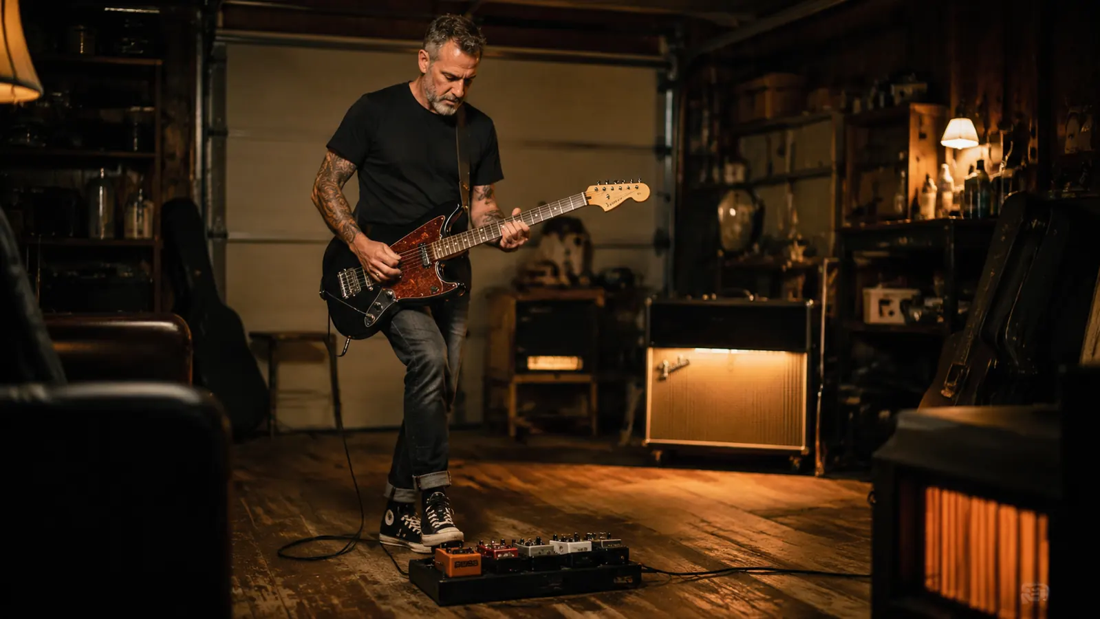 Boss DS-1 distortion pedal on a pedalboard in front of a Marshall amp, classic rock rehearsal space setting