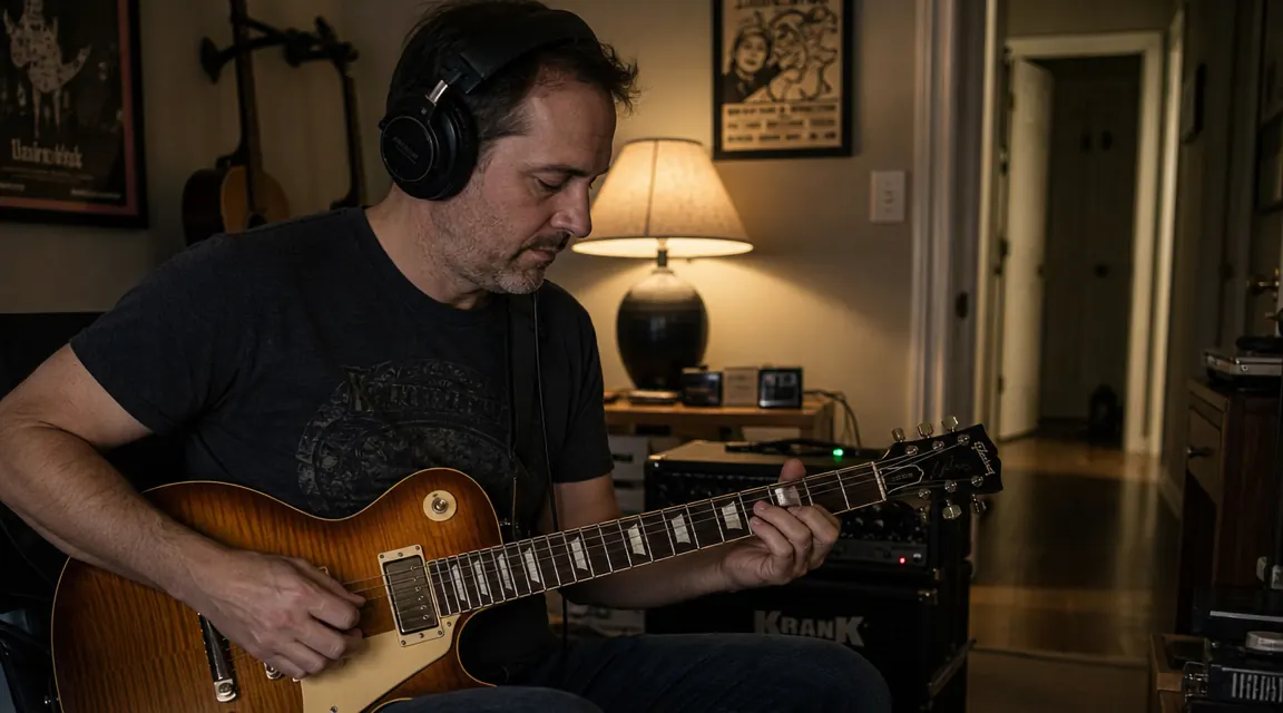 Guitarist sitting at a home studio desk at night, wearing large closed-back studio headphones while playing electric guitar through an audio interface, warm lamp light, dark background