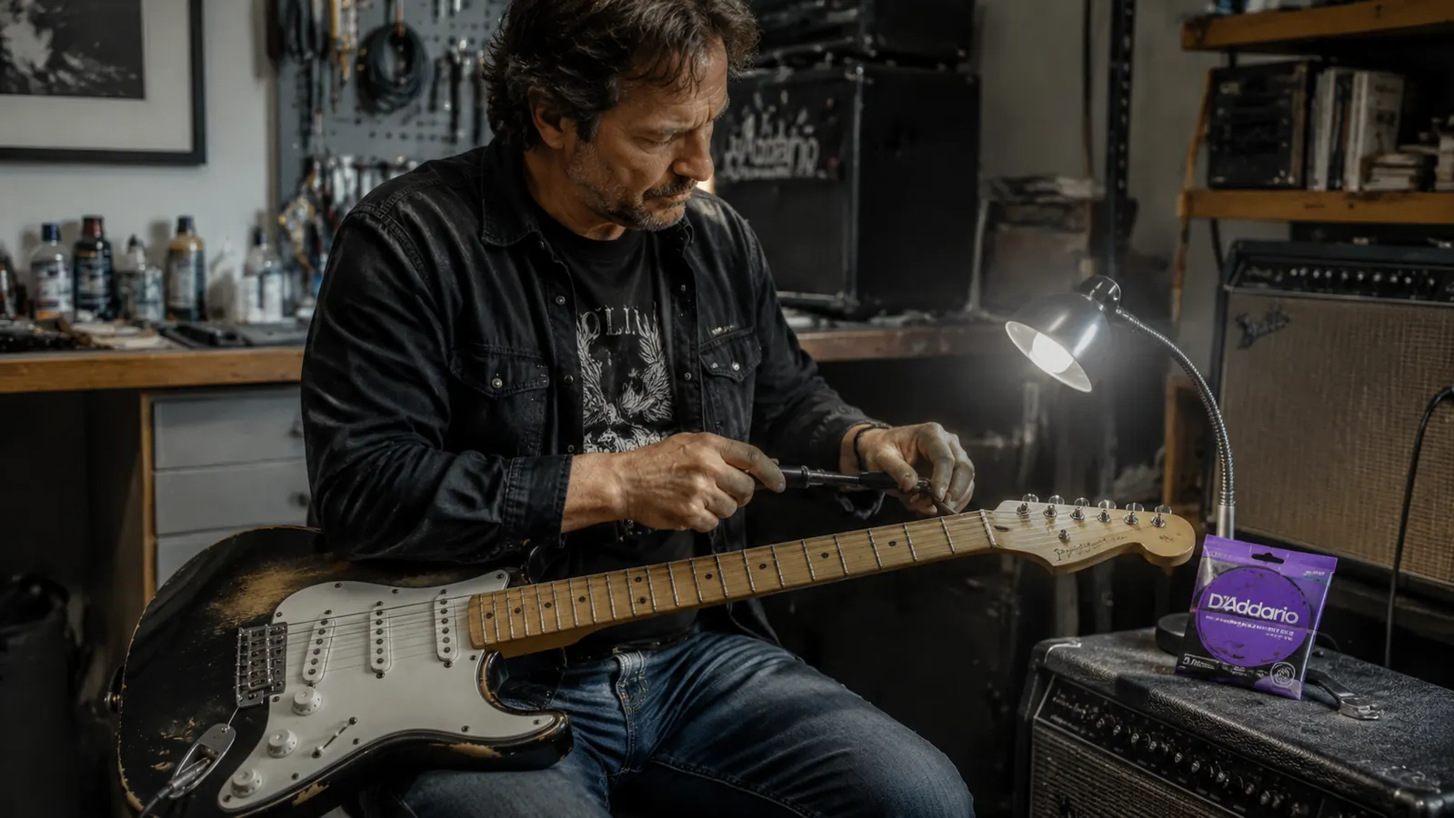 Close-up of hands threading a fresh D'Addario string through a Stratocaster tuning peg on a worn wooden workbench