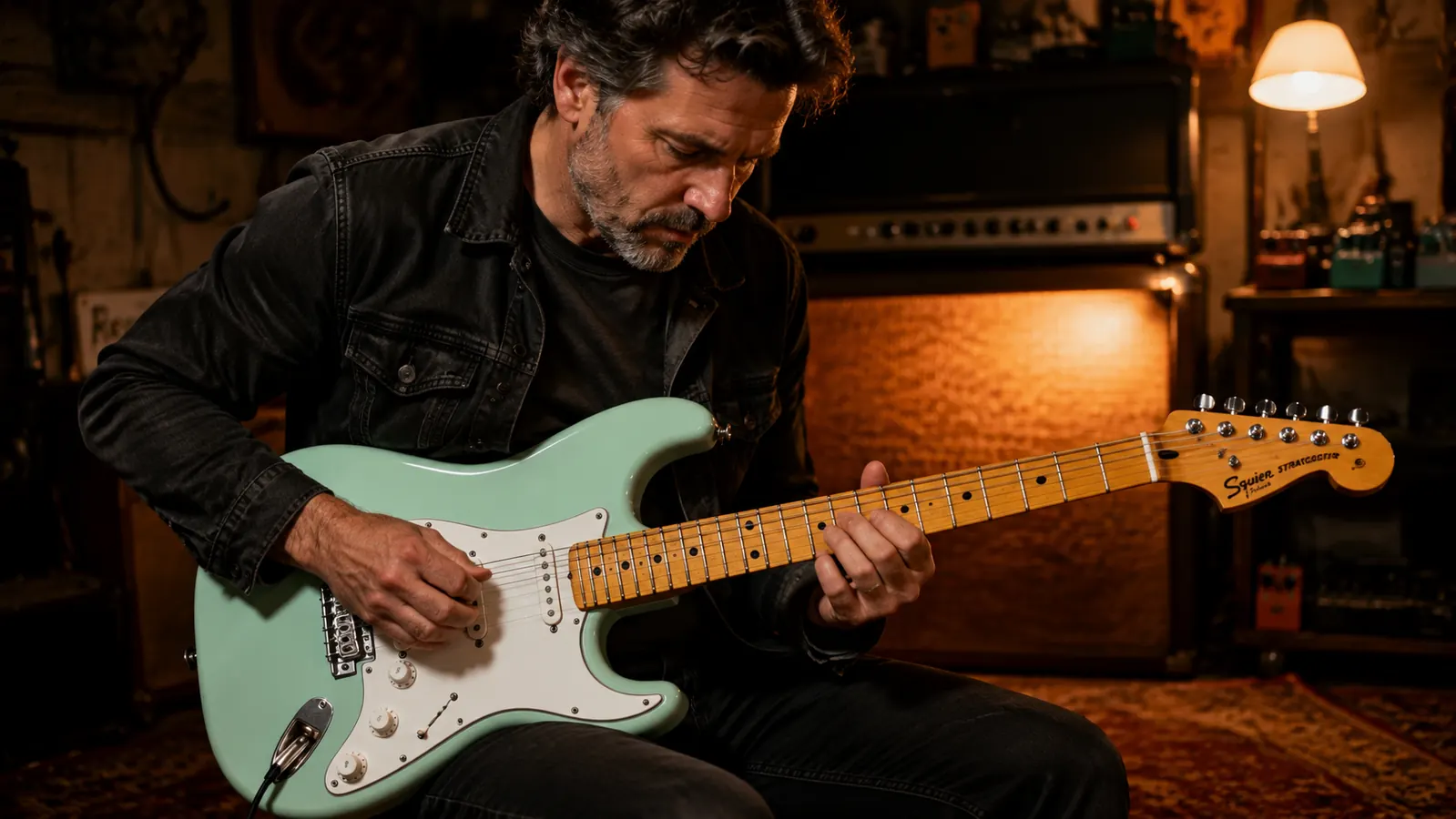 Close-up of a hand adjusting the pickup height screw on a Stratocaster with a small Phillips screwdriver