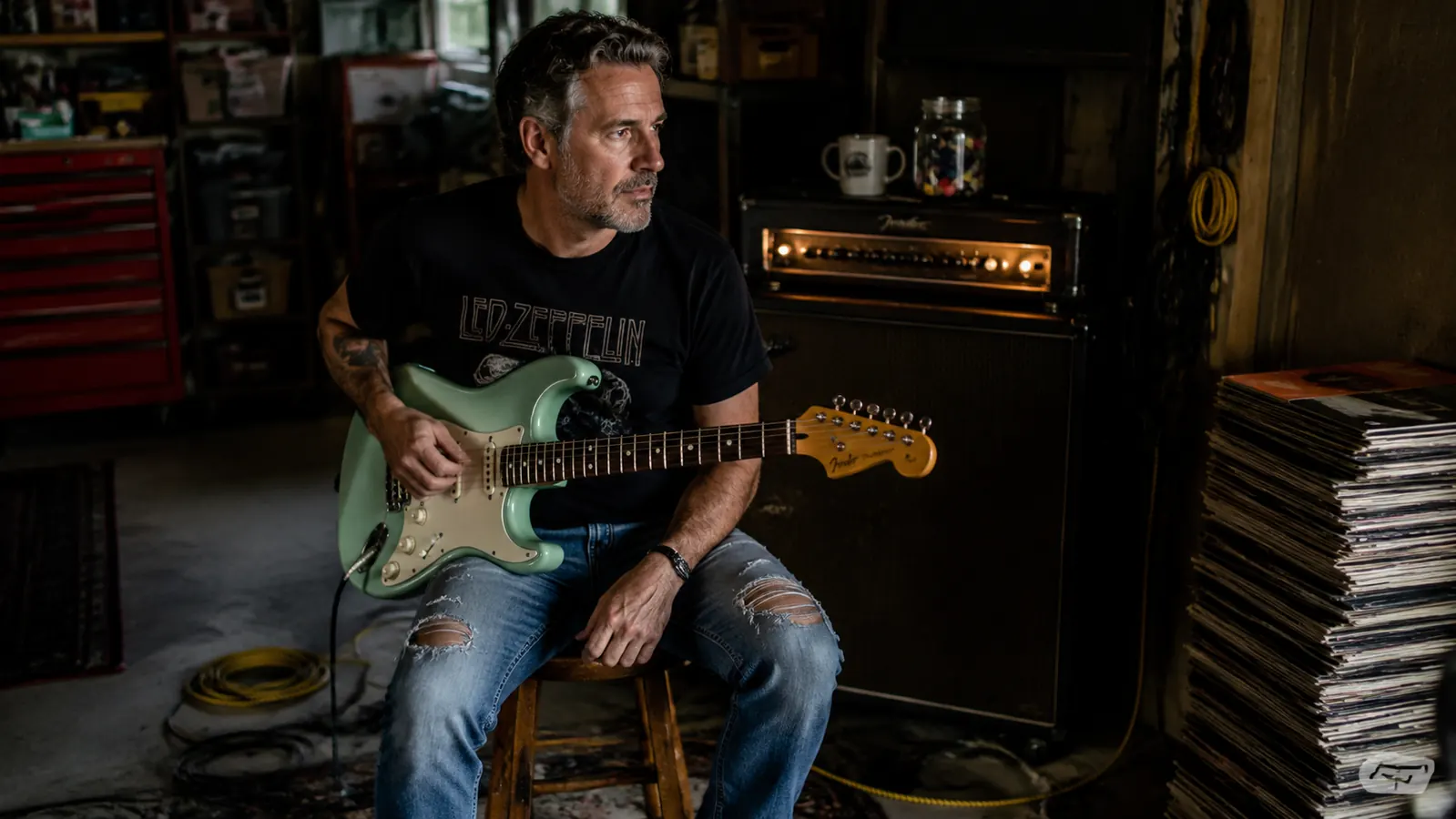 Squier Classic Vibe Stratocaster resting on a vintage amp in a dimly lit garage studio