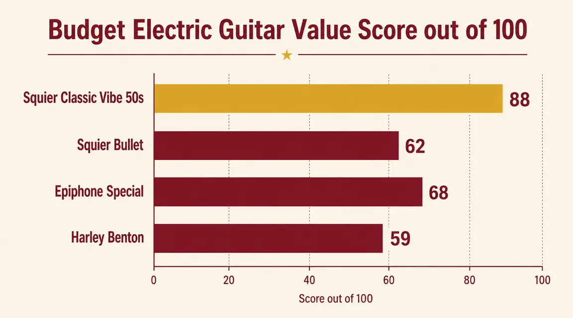 Price comparison chart showing Squier Classic Vibe at dollar-sign-400 versus Fender Player Stratocaster at dollar-sign-799, side by side specs