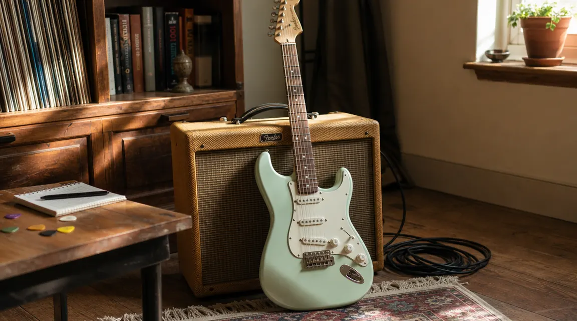 Squier Classic Vibe '50s Stratocaster in Surf Green leaning against a vintage practice amp in a warmly lit home studio