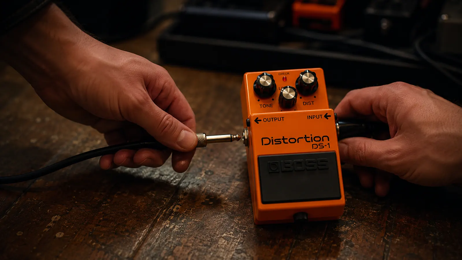 Guitarist's hands plugging a patch cable into a Boss DS-1 distortion pedal on a worn wooden floor, pedalboard in background