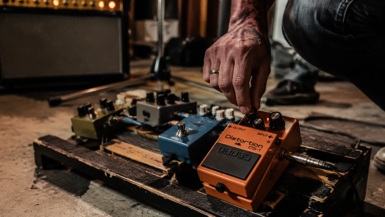 Guitarist playing a Les Paul at a small club gig, warm stage lights, amp stack behind him