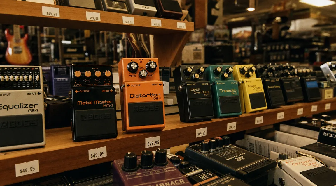 Vintage-style music shop interior with guitar pedals lined up on a wooden shelf, warm incandescent lighting, orange Boss DS-1 prominently displayed